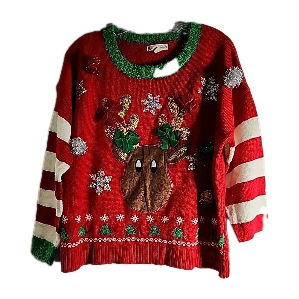 Its Our Time Red Holiday Sweater Womens XL Reindeer Appliqué & Sequins Christmas